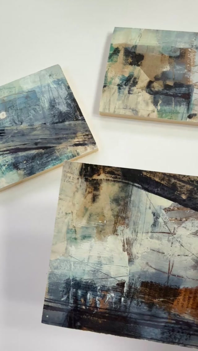 What do you see here?
They are only small but as I worked into each of these with more layers of ink and paint and scratching back through to previous layers I felt they had a lot to say!
I’ve been thinking about what these little paintings evoke, and I keep coming back to place — rather than a particular place.
There’s something of the coast in them: weathered rocks, old harbour structures, water and distant horizons, but also the traces that time leaves behind. And given our uk heatwave I’d love to be by the ocean right now!
Layers of paint, collage and mark-making suggest erosion, movement and weathered surfaces — fragments of something once familiar, partially uncovered and partially disappearing. I’ve sealed them and waxed them and popped some of them into a soft white mount. Some are mounted into mini panels ready to hang.
Want to see the work in person?
You can come and see these pieces, along with lots more, at our Open Studio this September, where I’ll be showing with fellow artists @jackie.cheetham and @tchamberlain.studio as part of @northantsrutlandos
Or, if you can’t make it, join my mailing list to hear about upcoming exhibitions, studio events, new work and the occasional peek behind the scenes.
Just DM me and I’ll add you.