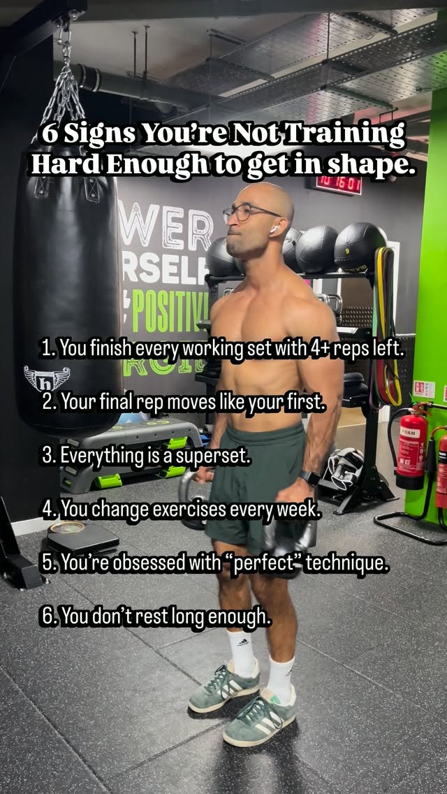 Sweating, soreness and exhaustion don’t guarantee muscle growth.
Train close enough to failure, rest properly, master your exercises and progressively get stronger.
Don’t just train harder, train with intent.
Which sign are you guilty of?
#menstransformation #fatlossover40 #fitnessover30 #trainingtips #howtogetinshape