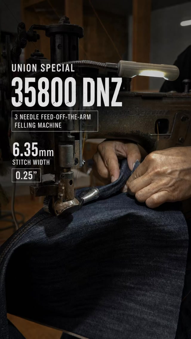 Two needles. One pass.
Watch the seam come together, then see the 6.35 mm / 0.25 in stitch width at the end.
The Union Special 35800 DNZ was originally built as a three-needle feed-off-the-arm felling machine.
For this operation, we remove one of the needles and run it as a two-needle setup.
This isn’t a museum piece.
It still sews denim in our factory in Kojima, Japan.
Would you run this machine with two needles or all three?
Let us know in the comments.
#madeinjapan #denimfactory #selvedgedenim #unionspecial