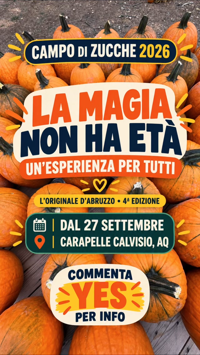 🎃 Chi ha detto che il Campo di Zucche è solo per bambini?
La magia non ha età. Venite in famiglia, in coppia, con gli amici, con i nipoti… o semplicemente da adulti, per trascorrere una bellissima giornata d’autunno. Con o senza bambini, questa esperienza è anche per voi. 🍂
Lasciate per qualche ora la routine, respirate l’aria di montagna, incontrate gli animali, scegliete e decorate una zucca, scattate fotografie meravigliose e riscoprite il piacere di fare qualcosa di diverso insieme. ✨
L’originale Campo di Zucche d’Abruzzo torna per la sua quarta edizione, più grande e speciale che mai!
📅 Dal 27 settembre, con tante date durante il mese di ottobre
📍 Carapelle Calvisio, AQ
🎟️ I posti sono limitati: prenotate presto!
🌧️ Se la data scelta non potrà svolgersi a causa del maltempo, riceverete un voucher per prenotare uno dei weekend successivi di ottobre.
👇 Commentate YES e vi invieremo tutte le informazioni!
#zucche #pumpkinpatch #zucca #zuccadihalloween #gitainfamiglia