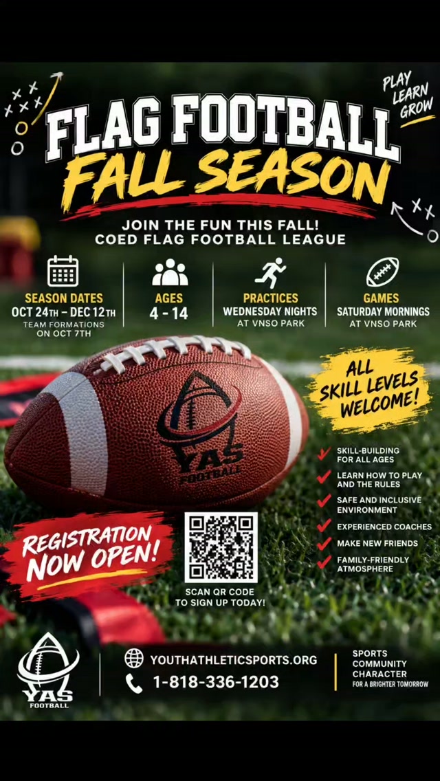 šš YAS FALL FLAG FOOTBALL IS HERE! šš
The next season is about to be BIGGER, FASTER & MORE FUN! š„
Get your athlete ready to compete, develop their skills, build confidence, and most importantly ā HAVE FUN! šš½
š
TEAM FORMATION: Wednesday, October 7th
š SEASON KICKOFF: Saturday, October 24th
š² REGISTRATION IS OPEN ā SIGN UP TODAY!
Whether your athlete is new to the game or ready to sharpen their skills, thereās a place for them at YAS!
#youthathleticsports #flagfootball #youthflagfootball #football #youthsports