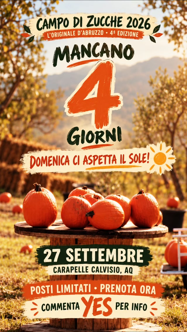 ☀️ MANCANO SOLO 4 GIORNI! ☀️
Le previsioni promettono una splendida giornata per il nostro primo weekend—non potevamo desiderare un inizio migliore per il Campo di Zucche di quest’anno! 🎃
Questa domenica, 27 settembre, torna a Carapelle Calvisio (AQ) il primo e originale Pumpkin Patch d’Abruzzo, arrivato alla sua quarta edizione.
Zucche, animali, laboratori creativi, spettacoli e una meravigliosa giornata d’autunno nella natura—con qualcosa da vivere e scoprire a ogni età, sia con i bambini sia senza.
Il biglietto d’ingresso dei bambini comprende tutte le attività previste.
I posti per la giornata inaugurale sono limitati, quindi non aspettate l’ultimo momento.
👇 Commentate YES e vi invieremo tutte le informazioni per prenotare.
#pumpkinpatch #zucca #attivitàperbambini #fattoria #bambinifelici