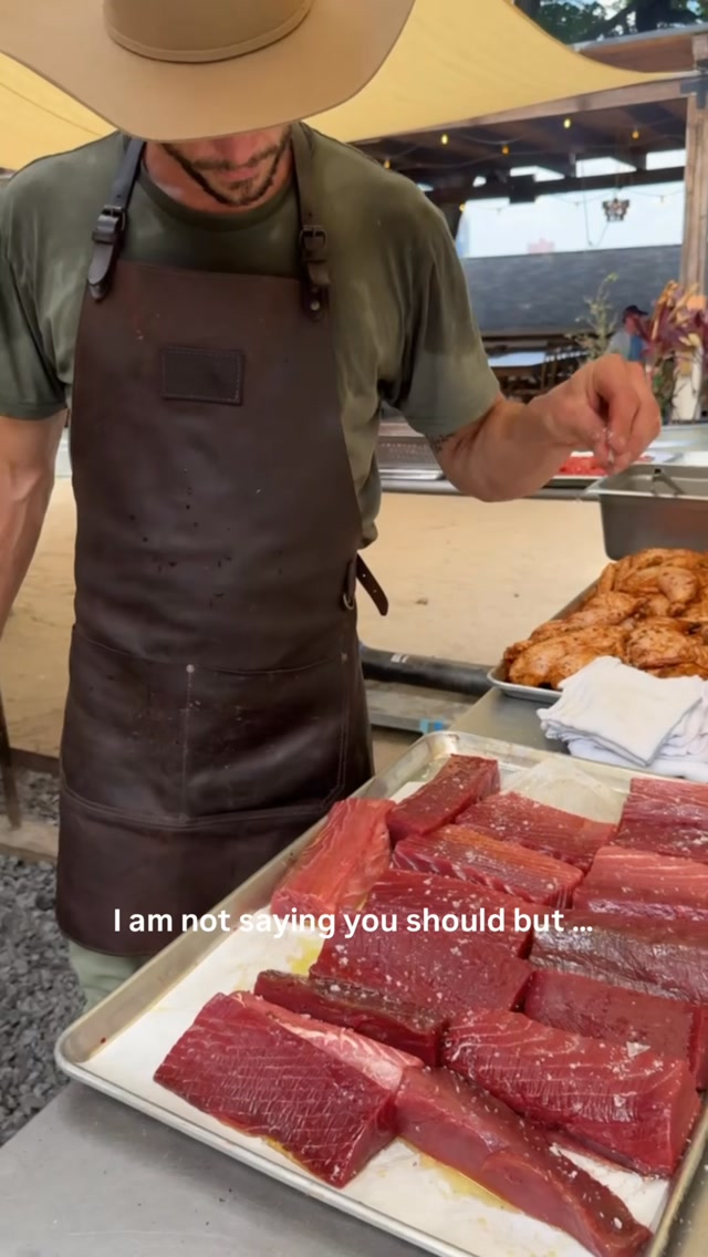I would….
Coal-seared tuna, kept beautifully rare inside, served with smoked olives, blistered tomato relish and fresh herbs.
The fire gives you something unique, that little hit of smoke, char and bitterness against the buttery fresh tuna.
This feels like summer already