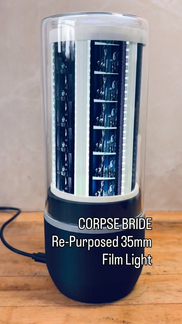 We created this unique film-based light by re-purposing actual 35mm film from the movie ‘Corpse Bride’ released in 2005. This custom light (‘a world’s first) contains 36 film cells from the film. In the base we add an LED + a small motor to provide rotation. A protective glass dome is then placed over the top to protect the inner workings and film.
We are a small family-owned business with a mission to create unique designs with the highest quality materials & expert craftsmanship. All of our products are made in our studio in Ontario, Canada.🍁 #corpsebride #timburton