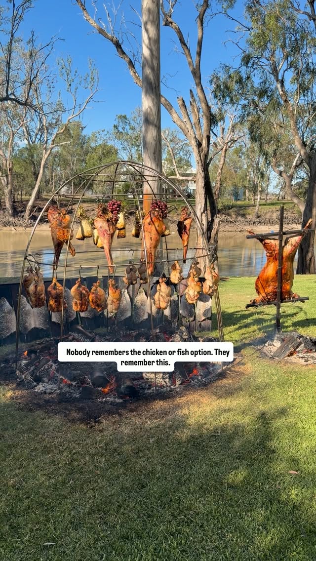 Your wedding feast doesn’t have to feel like wedding catering.
Outdoors celebration , Dome of open fire , whole lamb on the Asado cross, smoke in the air and sunset on the creek, we cooked your entire menu in front of your guests for a feast that becomes part of the experience.
This is how we do weddings at @terra.firma.dining