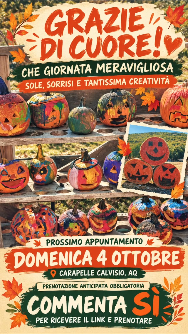 🎃 Grazie per una giornata di apertura davvero meravigliosa!
Ieri ero così impegnato che sono riuscito a scattare pochissime fotografie—ma forse queste fantastiche e coloratissime zucche raccontano la giornata meglio di quanto potrei fare io.
Un tempo splendido, tanti sorrisi, tantissime risate e un’incredibile collezione di creazioni intagliate e dipinte—ognuna completamente diversa dalle altre.
Grazie a tutte le famiglie, le coppie e i gruppi di amici che hanno partecipato e contribuito a rendere così speciale l’apertura della nostra quarta edizione. Speriamo che vi siate divertiti tanto quanto noi ci siamo divertiti ad accogliervi. 🧡
Se ve la siete persa—oppure avete già voglia di tornare—il prossimo appuntamento è:
📅 Domenica 4 ottobre
📍 Carapelle Calvisio, AQ
⚠️ La prenotazione anticipata è obbligatoria.
Commentate SÌ e vi invieremo il link per prenotare direttamente sul nostro sito.
Non vediamo l’ora di ricominciare!
#pumpkinpatch #settembre #grazie #allaprossima #eventi