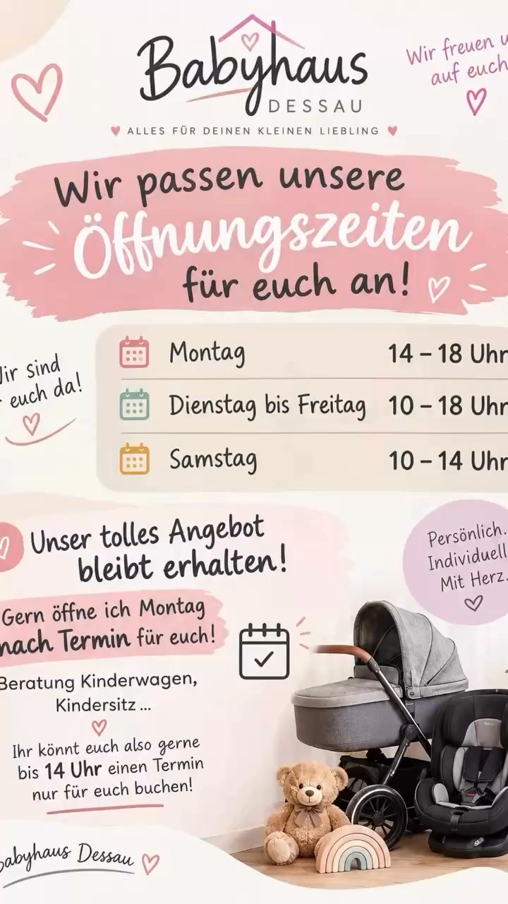 ✨ DU SUCHST NICHT IRGENDWAS. DU SUCHST ETWAS BESONDERES! ✨
Dann komm** ins Babyhaus Dessau!** 🍼💚
HEUTE sind wir ab 14 Uhr für euch da!
Und an den anderen Öffnungstagen sind wir bis 18 Uhr für euch da.
👶 Kinderwagen
🧸 Spielwaren
🛏️ Schlafen & Erstausstattung
👕 Baby- & Kinderbekleidung
💚 und vieles, was man eben nicht an jeder Ecke findet!
Du hast einen ganz besonderen Wunsch? Dann sprich mich an!
Ich nehme eure Kundenwünsche gerne entgegen und schaue, was ich für euch möglich machen kann.
Und: Schaut auch auf unserer Website vorbei! Dort findet ihr noch viele weitere Artikel, die ihr bequem entdecken und bestellen könnt.
💥 Denn das Besondere findest du nicht immer im großen Online-Dschungel – manchmal steht es direkt vor deiner Tür.
👉 Unterstützt euren lokalen Einzelhandel. Kommt vorbei. Stöbert. Entdeckt. Kauft lokal.
📍 Babyhaus Dessau – Antoinettenstraße 37
Heute ab 14 Uhr für euch geöffnet!
⚠️ Samstag bleibt wegen des Feiertags geschlossen.
#babyhausdessau #lokalkaufen #herzensladen #lieblingsgeschäft #ErstausstattungFürsBaby #mamasein #papasein #eltern #Babyausstattung #babyausstattundindessau