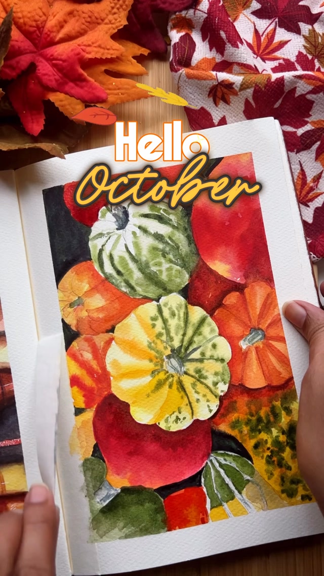 Hello October!! Celebrating the sweater weather and pumpkin patch season with a fun watercolor pumpkin spread in the sketchbook! This is one of my favourite pages from this sketchbook🧡 Are you doing the inktober this year?
.
.
#watercolor #watercolorpainting #sketchbook #pumpkinseason #stilllife