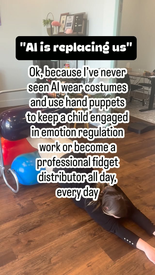 AI can generate strategies. It can answer questions. It can even help us organize our thoughts.
But pediatric therapy? That’s a little harder to automate. 😂
Because sometimes our job looks like wearing costumes, using hand puppets to keep a child engaged in emotion regulation work, sitting on the floor, turning literally anything into a therapeutic activity, and becoming a professional fidget distributor all day, every day.
Children don’t just need information. They need relationships, trust, connection, flexibility, co-regulation, humour, and a therapist who can notice when the plan needs to change in the moment.
AI can be a helpful tool.
But it can’t replace the human relationship at the heart of pediatric therapy. ❤️
Hit ‘Follow’ if you like our content ❤️
✨ Want to learn more about WonderTree? 📧 Email info@wondertreepractice.ca or ☎️ call 905-425-9525 to book. 💻 website link in bio.
DISCLAIMER: Information shared by WonderTree on social media is not intended to replace or be constituted as clinical or medical care. It’s intended for educational purposes only. Each child is unique, and the information provided may not be applicable to your specific situation. We are unable to provide specific applications to your child or relevant nuance to your family’s situation. If you need support, please establish care with a licensed provider so that they can provide tailored recommendations for you or your child. Please refer to the disclaimers for this account in the highlights section for further details.