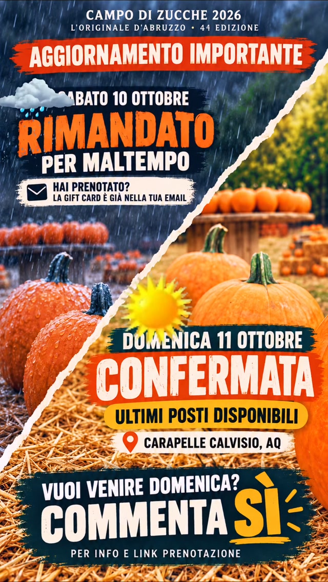 Un aggiornamento importante e una decisione che non prendiamo mai alla leggera.
A causa della forte pioggia di oggi e delle condizioni meteo previste per domani, abbiamo deciso di rimandare il Campo di Zucche di sabato 10 ottobre.
Il meteo è una delle poche cose che non possiamo controllare. Quello che possiamo fare è scegliere di accogliervi quando le condizioni permettono a tutti di vivere la migliore esperienza possibile in fattoria.
Tutte le persone prenotate per sabato hanno già ricevuto via email una gift card pari all’intero importo pagato, utilizzabile immediatamente per prenotare un’altra data del Campo di Zucche o uno dei nostri altri eventi. Controllate anche la cartella spam e contattateci se non l’avete ricevuta.
La buona notizia è che domenica 11 ottobre è confermata. Le previsioni sono migliori e non vediamo l’ora di accogliervi! Se la situazione dovesse cambiare, vi informeremo immediatamente.
Per controllare il meteo della fattoria, cercate Ofena: anche se ci troviamo nel territorio di Carapelle Calvisio, il nostro clima corrisponde a quello di Ofena.
Per domenica sono ancora disponibili alcuni posti.
📍 Carapelle Calvisio, AQ
🎟️ Prenotazione anticipata obbligatoria
Volete raggiungerci domenica? Commentate SÌ e vi invieremo tutte le informazioni e il link per prenotare.
Grazie davvero per la comprensione. 🎃
#pumpkinpatch #sole #domenica #giornatadisole #zucche