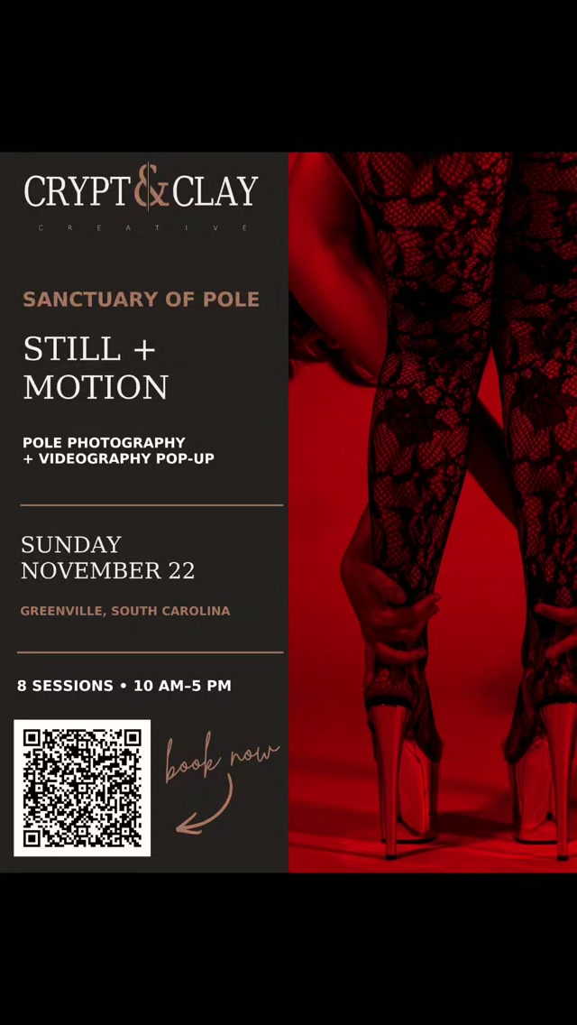 📸🖤 OUR FIRST PHOTOSHOOT AT SANCTUARY! 🖤📸
We’re excited to be working with Crypt & Clay for our very first photoshoot hosted right here at Sanctuary of Pole!
📅 Sunday, November 22nd
⏰ 10AM–5PM
📍 Sanctuary of Pole
And y’all… ONLY 3 SPOTS LEFT!!! 👀🔥
We love supporting our local community, collaborating with other creatives, and bringing something a little different into the studio. And this one definitely fits our vibe. 😈🖤
Whether you want to show off your pole side, your spooky side, your badass side… or all of the above — come make some art with us.
📸 Photography by Crypt & Clay
⚠️ ONLY 3 SPOTS REMAINING!
👉 Head over to @cryptandclay for all the photoshoot details, pricing, and BOOKING.
Don’t stare at those 3 spots too long… somebody else might snatch yours. 😏📸🖤
#SanctuaryOfPole #CryptAndClay #GreenvilleSC #PolePhotoshoot #PolePhotography