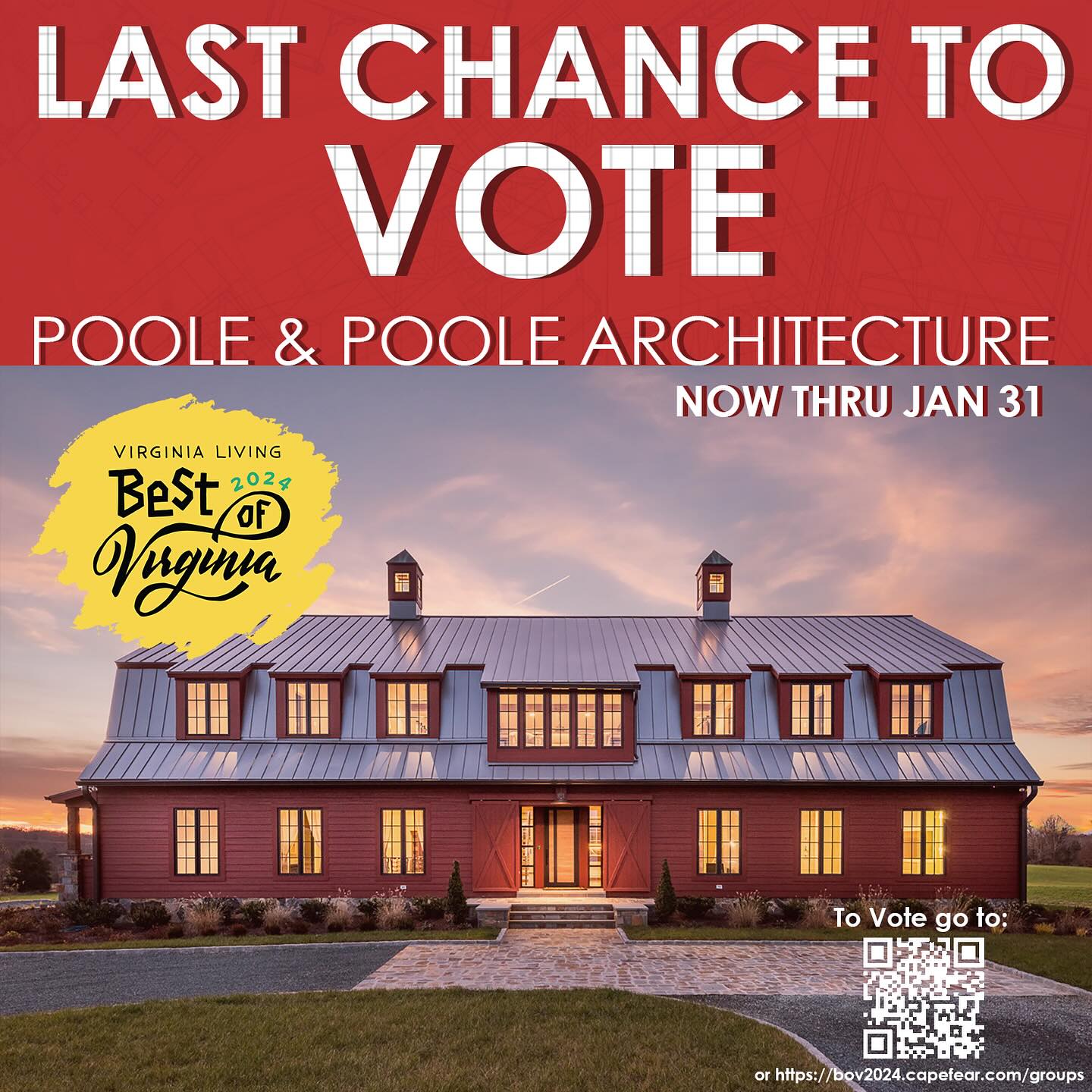 There is one more day to vote 2PA Best Architecture Firm in Central VA! Voting can be done by scanning the QR code or going to the link!