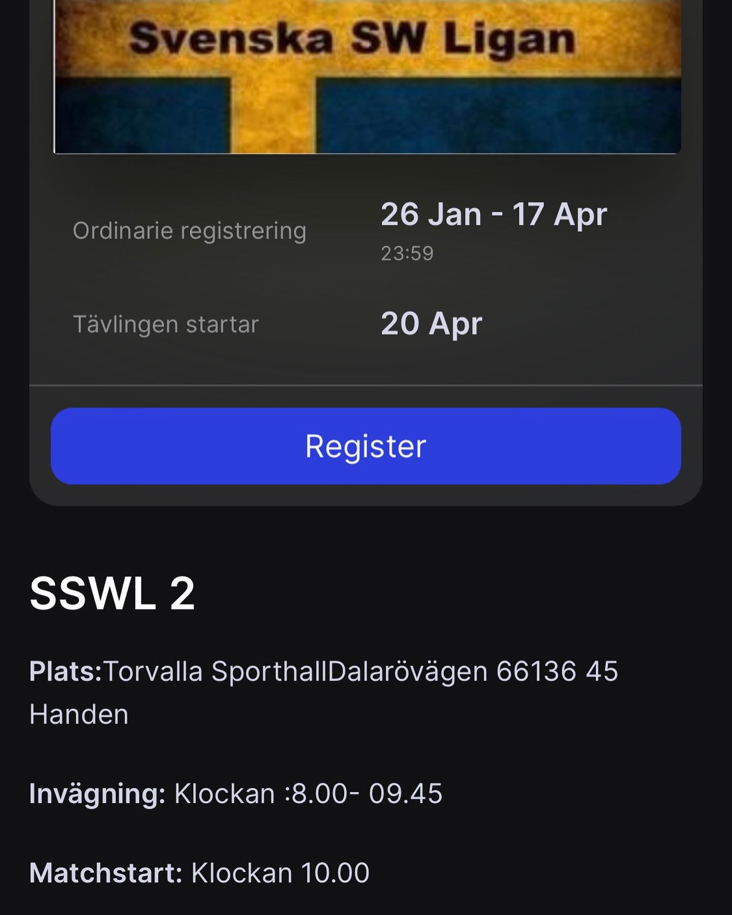 20/4 arrangerar @checkmathaninge SSWL2 i Torvallahallen.
Samma dag kommer även Haninge Kids Open att gå i hallen. Denna gång med ett ADCC-regelverk där man får ha dräkt på sig om man vill.
Det går bra att tävla på båda tävlingarna samma dag för alla barn och ungdomar.