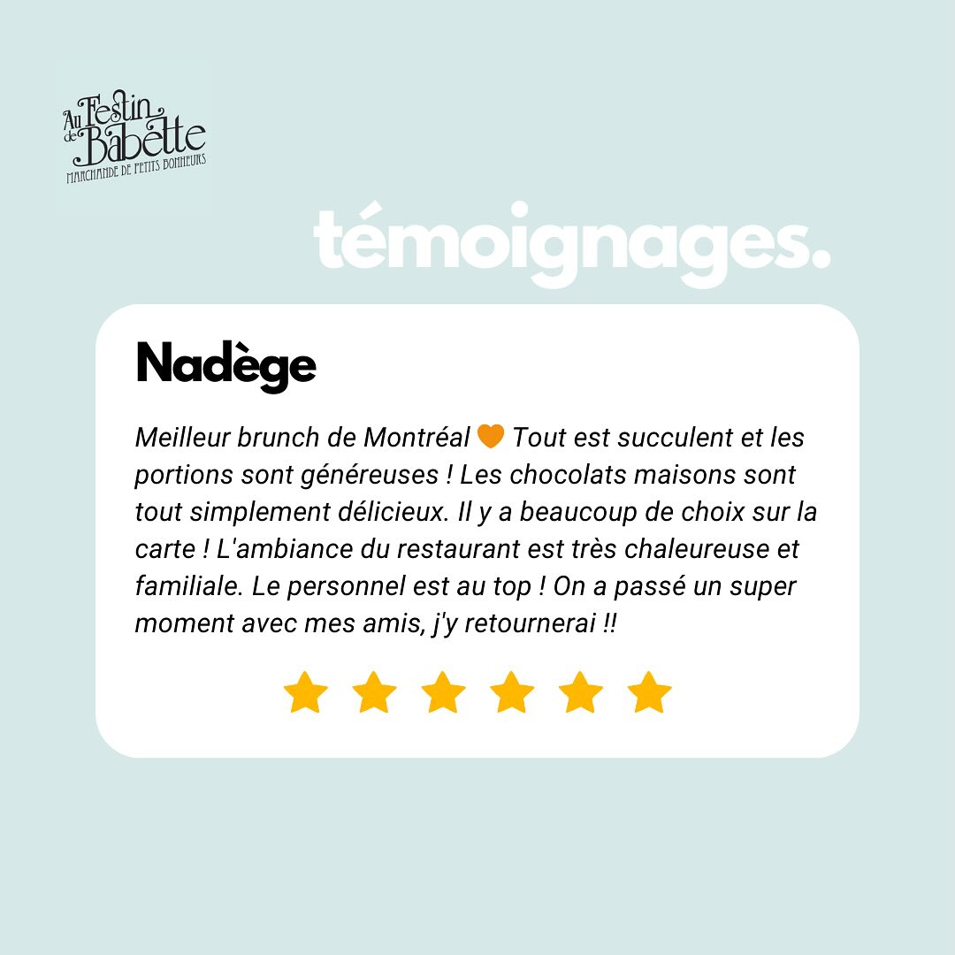 ✨ Quand vos mots deviennent notre meilleure recette! ✨
Au Festin de Babette, nous sommes comblés par vos témoignages positifs qui nous encouragent à toujours viser l’excellence 💖
On minimise souvent l’impact d’un retour google, en fin de compte ils sont le reflet de l’expérience extraordinaire que nous nous efforçons de créer pour vous à chaque visite 🍽️✨
Merci à chacun d’entre vous pour votre soutien continu et vos mots chaleureux qui nous inspirent à faire de chaque repas une expérience inoubliable! 🌟
#Témoignages #Gratitude #ExpérienceCulinaire #client #aufestindebabette #restaurant #brunch #confiance