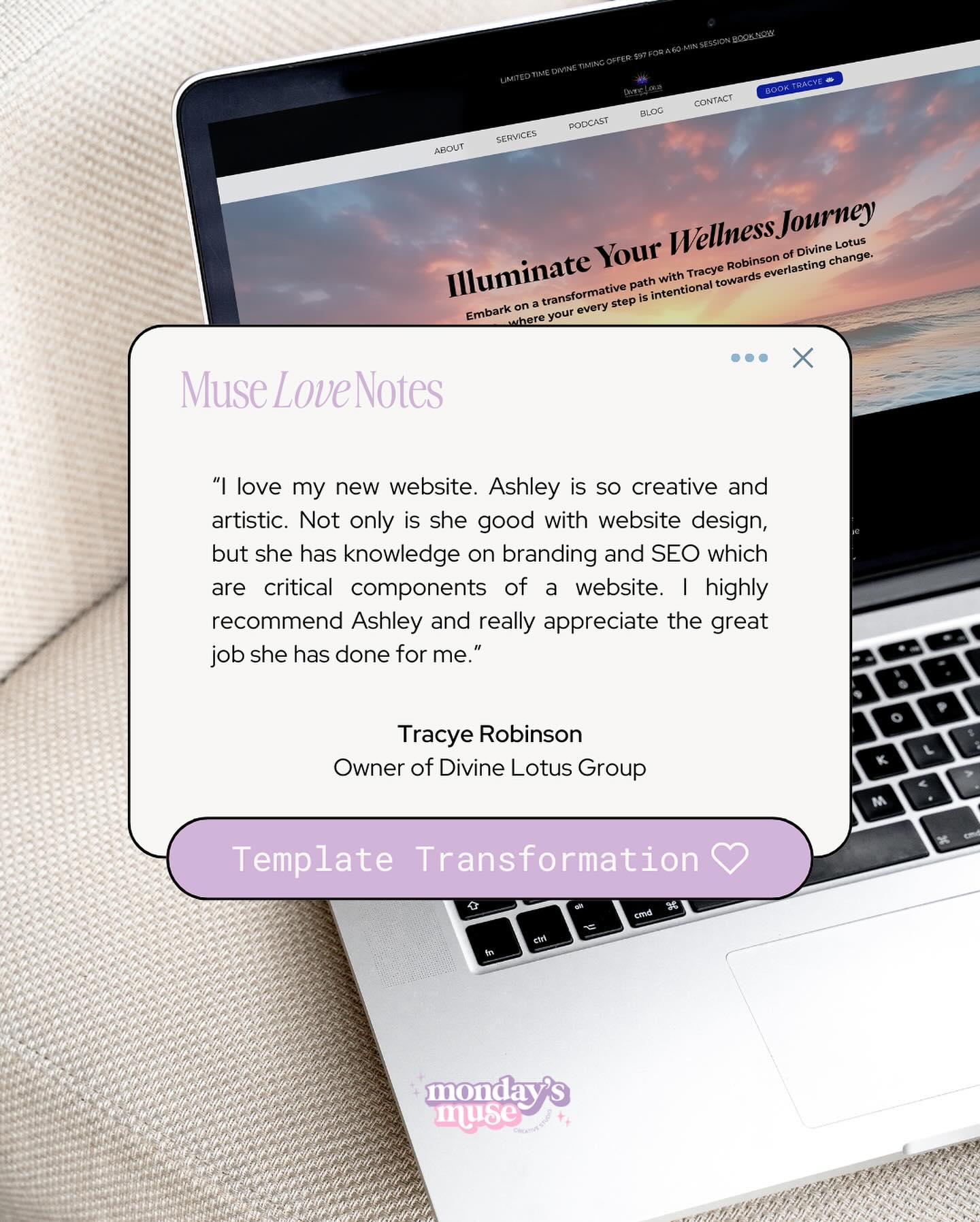 Check out a testimonial from one of my website template transformation muses.
When Tracye first hit me up, she had big dreams but was totally unsure about building her platform from the ground up. Just starting out, the whole website thing was giving her major stress.
After taking a deep dive into her needs, I saw a website template transformation was the way to go. She picked the Josie Wix website template, and I got to work, crafting her online space with care.
Tracye is one sweet Muse who embraced the journey, stress and all, and put her faith in the process. Now, sheâs not just happy with her siteâsheâs in love. đ¤
If youâre not ready for donât have the budget for a fully custom website, thatâs okay! I created the template transformation service for that very reason. Nothing should stop you from having the website that truly represents you and your brand - authentically. #itsmondaysmuse
#websitetemplate #websitedesign #wixwebsite #fempreneur