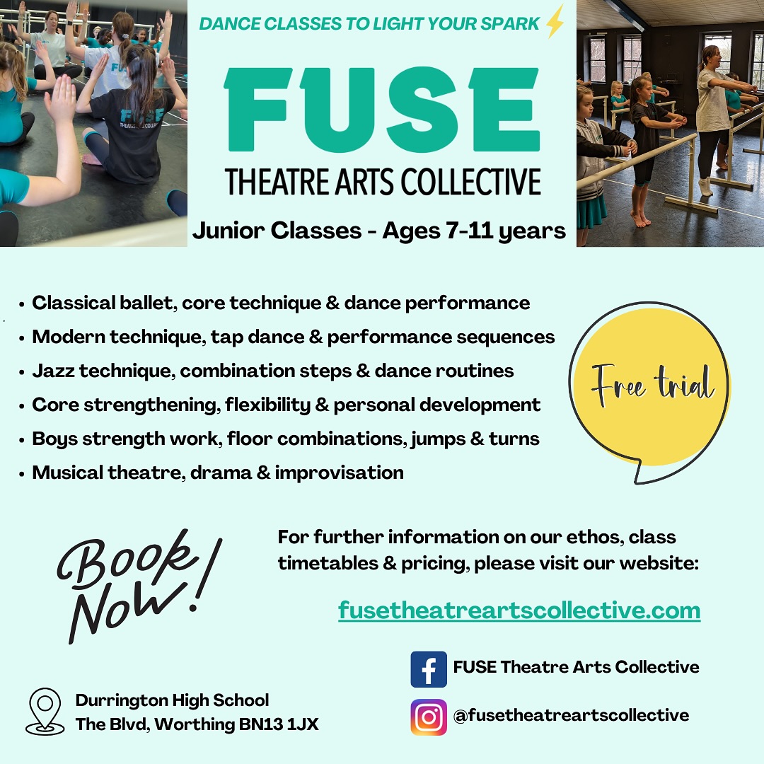 🌟FUSE Juniors🌟FROM TUESDAY 10TH SEPTEMBER 2024🌟
🚨FREE TRIAL LESSON🚨 Book now via our website or email us for more details 💚
💻www.fusetheatreartscollective.com
📧info@fusetheatreartscollective.com
DANCE CLASSES TO LIGHT YOUR SPARK⚡️
#fusetheatreartscollective #fuse #theatre #arts #dance #performingarts #juniors #danceclass #modern #tap #ballet #jazz #boysclass singing #musicaltheatre #workshops #festivals #competitions #exams #worthing #westsussex