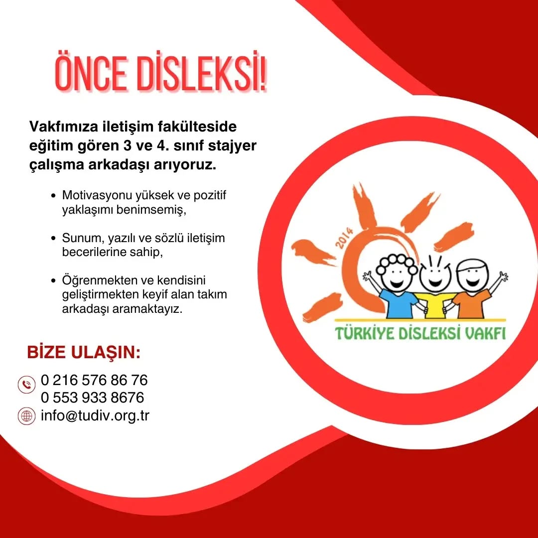 Vakfımıza 3. ve 4. Sınıf stajyer çalışma arkadaşları arıyoruz.
Ben tüm bu becerilere sahibim diyosan mail adresinden bize cv gönderebilirsin.