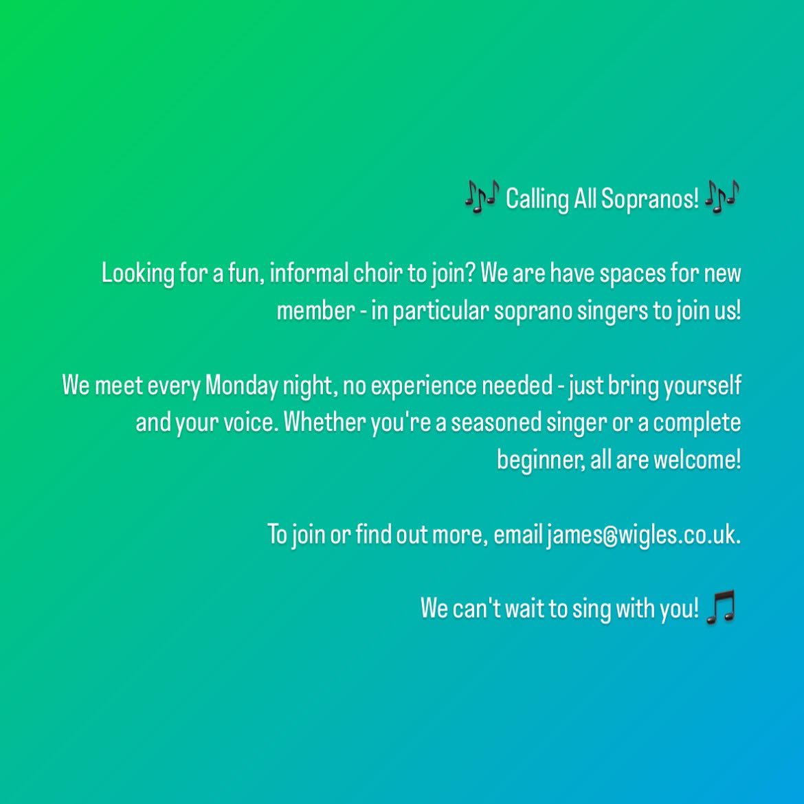 🎶 Calling All Sopranos! 🎶
Looking for a fun, informal choir to join? We are have spaces for new member - in particular soprano singers to join us!
We meet every Monday night, no experience needed - just bring yourself and your voice. Whether you’re a seasoned singer or a complete beginner, all are welcome!
To join or find out more, email James at james@wigles.co.uk.
We can’t wait to sing with you! 🎵
#shrewsbury #choir #shroparts #shropshire #singers #music #westmids #telford #oswestry #wrexham #ludlow #welshpool #wellington #sing