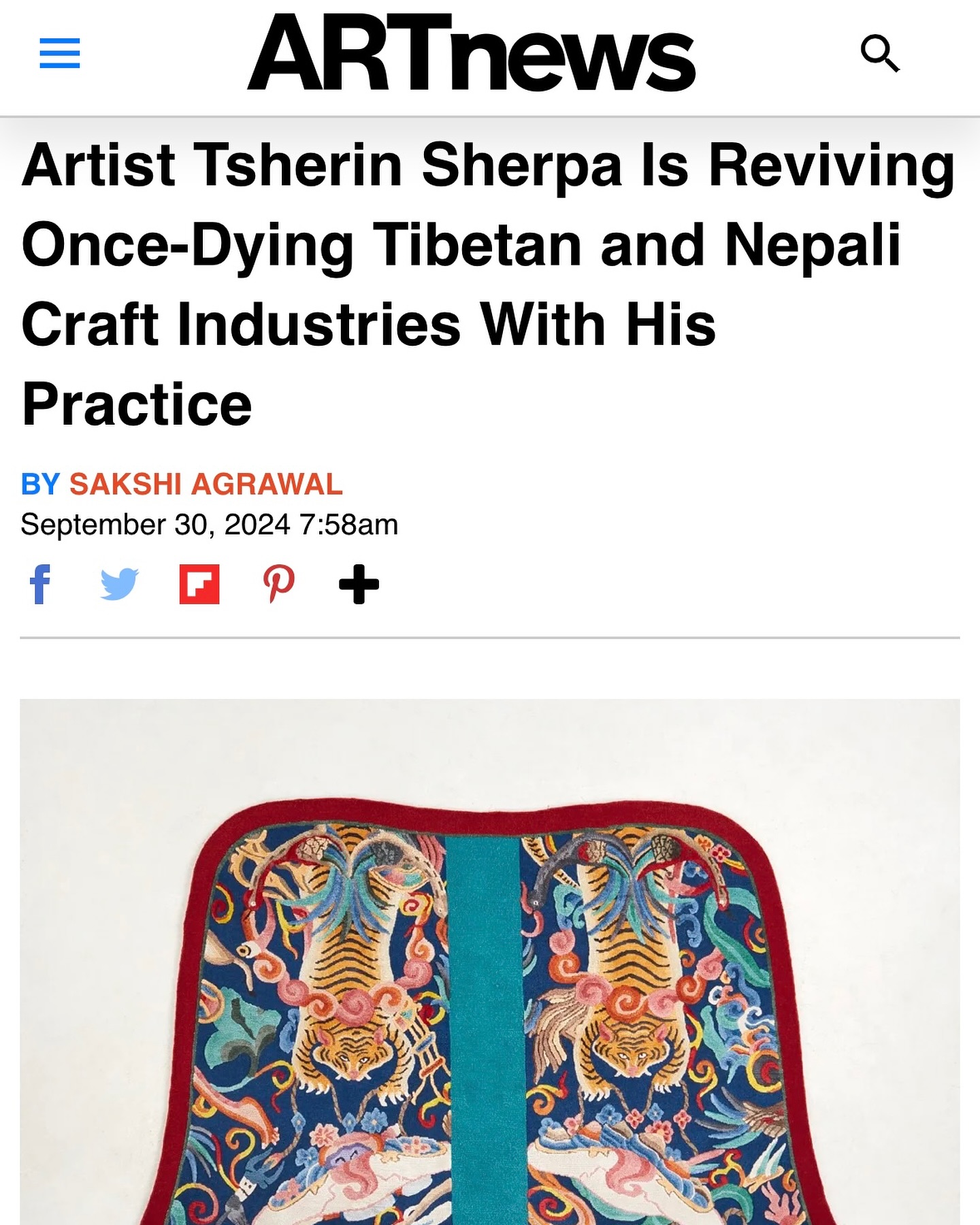 At Art Basel Hong Kong this past March, the Nepali artist Tsherin Sherpa unveiled his latest installation, a 30-foot-long runner woven by artisans from Kathmandu titled Stairways to Heaven. The work depicts a dragon spiraling upwards, a common figure in Himalayan rugs, as it appears to move in and out of the frame, before it rears its head at the top. Crafted with silk, cotton, and wool fibers, it not only pays homage to this lunar year—2024 is the year of the dragon—but also represents the long history of Nepali carpet making.
The installation at Art Basel was accompanied by an entire booth dedicated to his carpet weaving series at the longtime Hong Kong gallery Rossi Rossi. It was the eight exhibition by Sherpa to feature the series since he began collaborating with a rug-designing studio two years ago. That project, which has in many ways become Sherpa’s signature series, harkens back to his childhood in Nepal.
In my latest article, I speak to Tsherin Sherpa, a contemporary artist, and Jigme Wangchuk, a third-generation rug maker, about their collaboration to revive the lost heritage and tradition of carpet weaving.
Read the article using the link in bio and highlights!
#artnews #carpetweaving #nepal #nepaliartist #nepali #carpets #traditionalart #heritage #nepalart