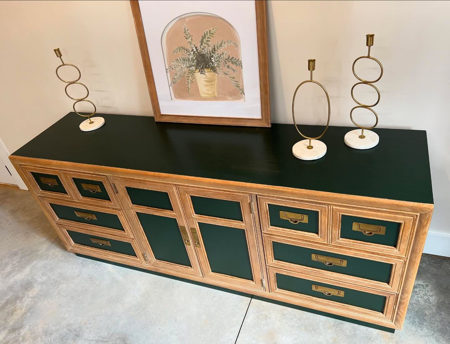 We’re baaack!! Just finished this handsome dresser and he’s heading to Lucketts Fall Market this week. Stanley Furniture 9-drawer dresser, hand-painted in a deep green with oak trim details and original gold-tone hardware. Shop our booth at the Clarke County Fairgrounds, Berryville VA and take this one home, October 11-13!