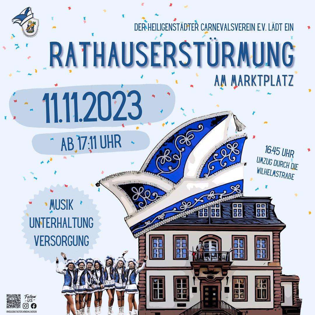 Am 11.11.23 findet ab 17:11 Uhr die Rathauserstürmung auf dem Marktplatz in Heilbad Heiligenstadt statt. Ihr wisst nicht, was es mit der Erstürmung auf sich hat? Natürlich beginnt mit der Übernahme des Rathausschlüssels die neue Karnevalssaison. 🎉
Also, kommt vorbei und feiert mit uns.
Wir freuen uns auf euch 🎉
#highighelau #karneval #fasching #rathaussturm