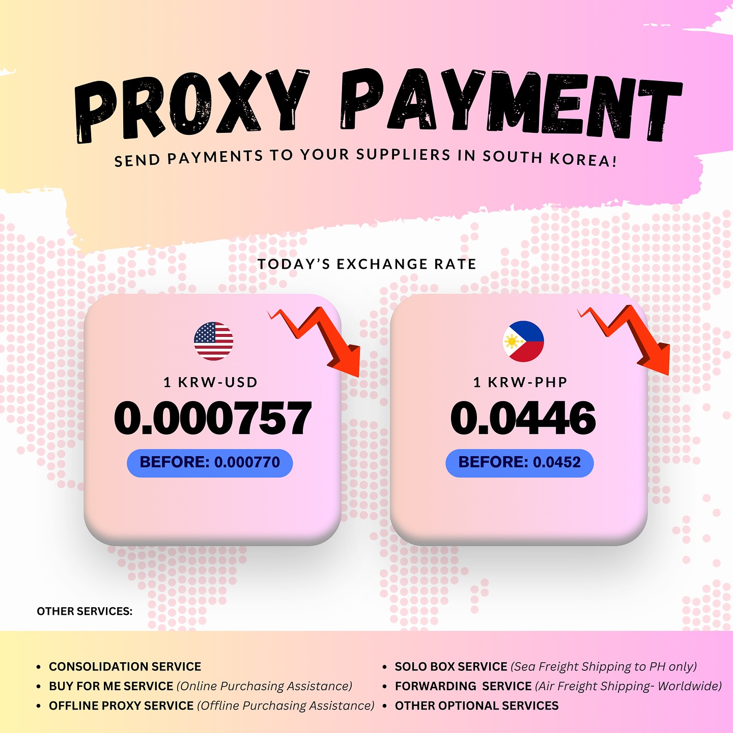 Having trouble sending payments to your suppliers in Korea? Our Proxy Payment Service (formerly KRW Remittance Service) is here to help. For just 3,500 won or $3 per transfer, we assist users in paying their Korean suppliers in Korean won. We accept payments through PAYPAL, WISE and Direct Bank Transfers.
Link in our bio
#kaddy #proxypayment #krwarehouse #kpopgom #agentnoona #kpopgo #ateezgo #zb1go #btsgo #twicego #ivego #aespago #itzygo #koreanbuyingagent #nctgo #svtgo #twsgo #kpopwts #kpopwtt