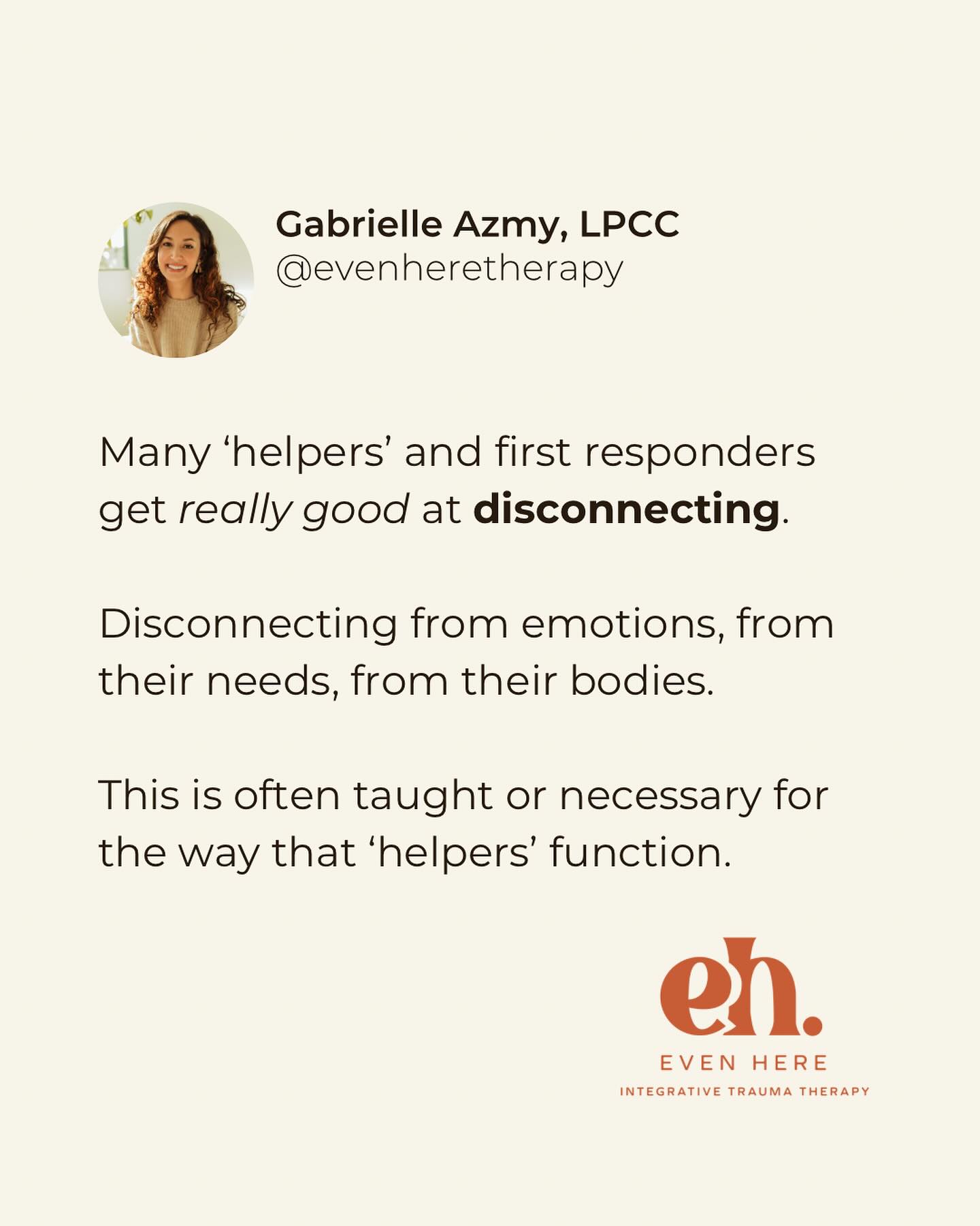 The downside of flipping that switch to off, is that we can’t selectively turn off difficult emotions. We shut off positive emotions too.
Working with a licensed therapist who specializes in trauma can help you to build tolerance, begin rebuilding the connection, and help you process all the pain you may be trying to disconnect from.
If you’re not ready to go to therapy, start by intentionally rebuilding positive associations 💛
Instagram is not a substitute for therapy — please see the disclaimer in my highlights 💛
Inquire about therapy at:
evenheretherapy.com