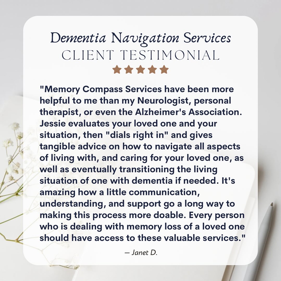 THIS 🥰
I have sat on this testimonial for a while. These words have kept me going during the rollercoaster of 2023. I think I have sat on this because I feel that everything I have created should already be a part of our healthcare system. However, I feel like I was meant to help families as the missing 🔗 between the traditional healthcare model 🏥 and home 🏡
I have had the honor of working with this client from June 2022 to present. We have had an average of 1 session a month. These sessions have included:
🧭 Education on spouses brain changes and tips to support those changes broken down into a way that makes sense (no medical jargon here)
🧭 Strategizing together through challenging care concerns and trialing different strategies to decrease frustration and overwhelm
🧭 Connection to local resources
🧭 Preparation for care plan meetings and navigation through advocacy for services
🧭 Sessions with adult children on concerns for the future and developing a plan for emergency situations, travel, overnight care, communication approaches and more
🧭 Product recommendations
🧭 Coaching and guidance through moves and transitions of care
🧭 Podcast recommendations, book recommendations, workshops, and more
I am excited for all that is in store for 2024 and I look forward to continuing to serve families across the United States as their family’s own personal memory loss and dementia navigator ❤️🧭
Interested in learning more about my service offerings? Click the link in bio to explore and schedule a free discovery call today!