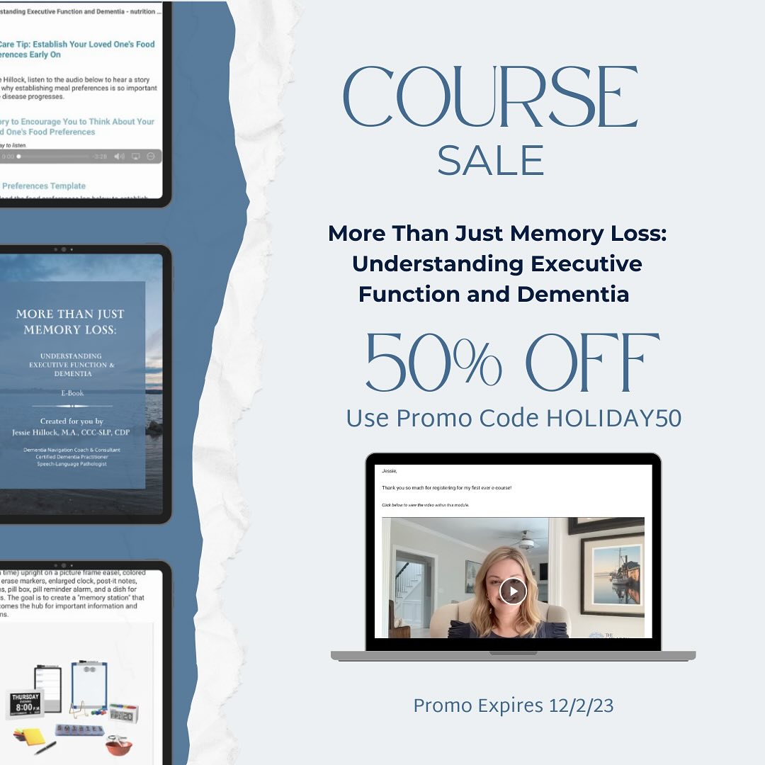 🎉COURSE SALE🎉
Yesterday a portion of my email subscribers received a special discount code for 50% off my self-paced e-course:
More Than Just Memory Loss: Understanding Executive Function and Dementia
Click the link in bio to visit our website and register today
🥳 Use code HOLIDAY50 for 50% off!!!
🗓️Code expires 12/2/23
This course is PACKED with educational audio and video clips, a guidebook and templates, sharing my special knowledge of executive function and dementia…. the info that isn’t typically shared at the doctors office but what families typically crave… the functional stuff!
The course was created for both families and professionals in mind. Take advantage of the sale before it ends!
#dementiaeducation #alzheimersawareness #nationalfamilycaregiversmonth #sandwichgeneration #caregiversupport #medslp #slpsofinstagram #vasculardementia #lewybodydementia #womeninhealthcare