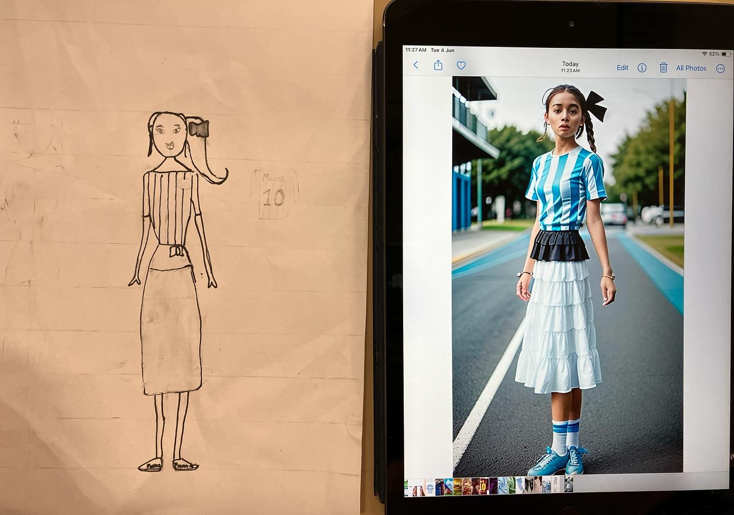 Human imagination on paper, AI brings it to life. Technology enhances creativity, not limits it. The future of fashion is collaborative!