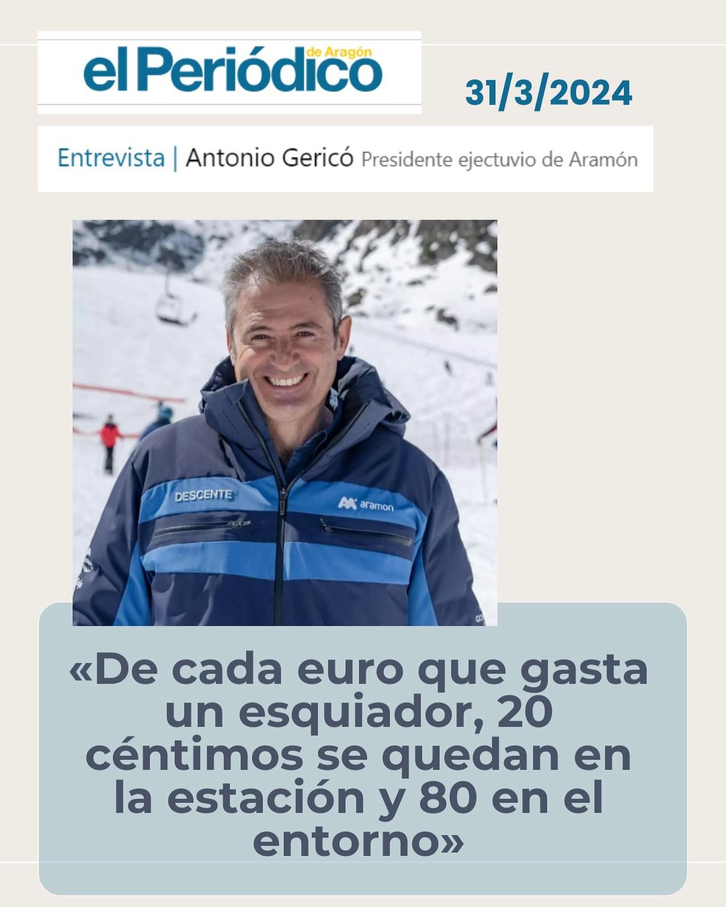 Hoy publicamos fragmenos muy interesantes de la entrevista a Antonio Gericó (presidente de Aramón), publicada en El Periódico de Aragón el pasado 31 de marzo, en el que hace una apuesta explícita y decidida por la unión de estaciones y explica las razones por las que opina que ése es necesariamente el camino a seguir, para asegurar el futuro y la competitividad de los Valles de Tena y Aragón.
Nos permitimos una llamada de atención a @gobaragon para que cumpla con la palabra dada y siga adelante con los trámites del proyecto de unión de Astún con Formigal.
#uniondeestacionessi
#astún
#candanchú
#formigal
#canalroya