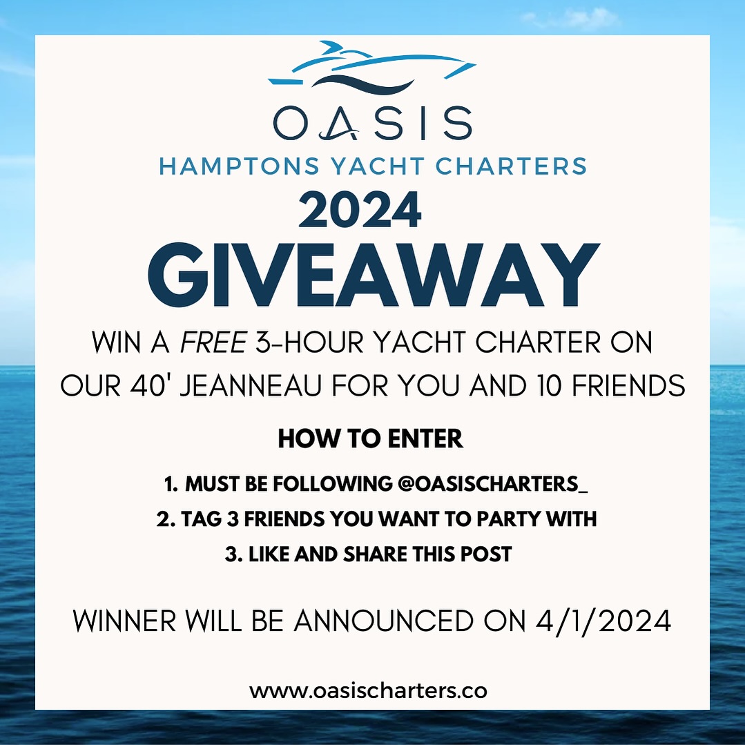 It’s that time again! Enter to win a free 3 hour yacht charter in the Hamptons for you and 10 friends! Please follow the rules in the post. The winner will be chosen on April 1st, 2024 via random comment generator. Must be 21 years or older to enter. Good luck! 🛥️ 🥂
.
.
#yachtcharter #oasischarters #hamptonsyachtcharters #yachthampton #hamptonbays #hamptonsstyle #hamptonsbachelorette #hamptonssummer #hamptonslifestyle #longisland #longislandsummer