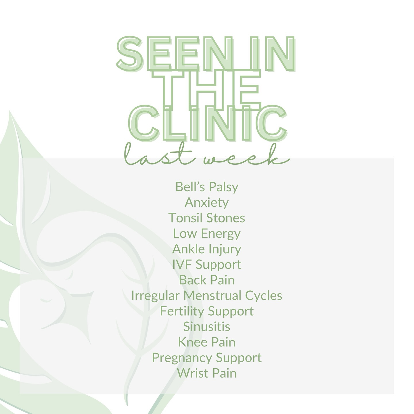 Through acupuncture and herbal medicine, we have a wide variety of points we can needle and assortment of herbs to formulate a customised treatment for you. This allows us to provide treatments for a wide variety of conditions in Chinese medicine!
These are some of the conditions weโve seen in the clinic in the past week โจ
#seenintheclinic #acupuncture #chineseherbs #herbalmedicine #mentalhealthsupport #womenshealthmelbourne #naturalpainrelief