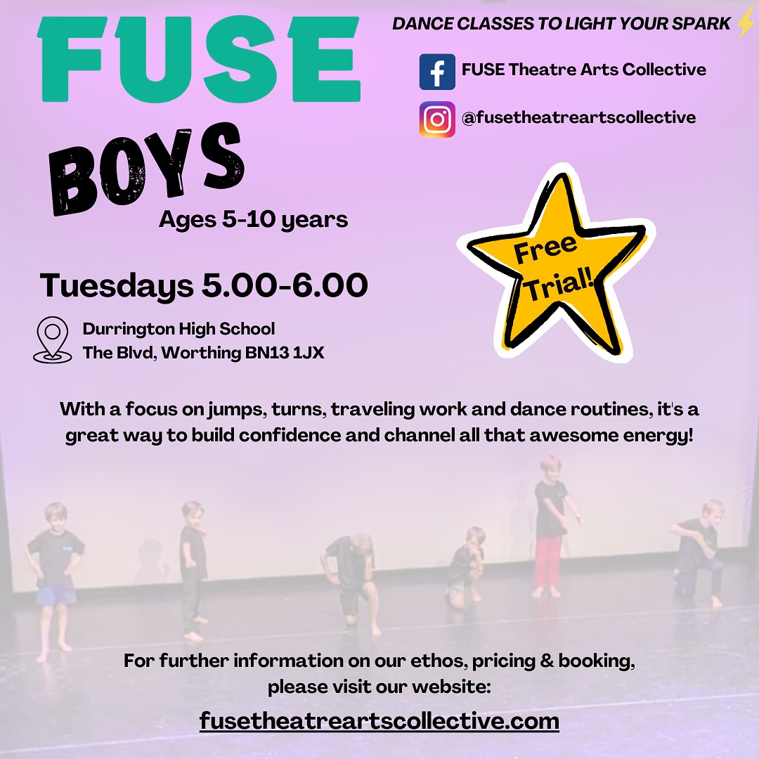 🌟FUSE Boys Classes: 5-10 years🌟TUESDAY 10TH SEPTEMBER 2024🌟
🚨FREE TRIAL LESSON🚨 Book now via our website or email us for more details 💚
💻www.fusetheatreartscollective.com
📧info@fusetheatreartscollective.com
DANCE CLASSES TO LIGHT YOUR SPARK⚡️
#fusetheatreartscollective #fuse #fuseignite #theatre #arts #dance #performingarts #boys #fuseboys #danceclass #workshops #worthing #westsussex