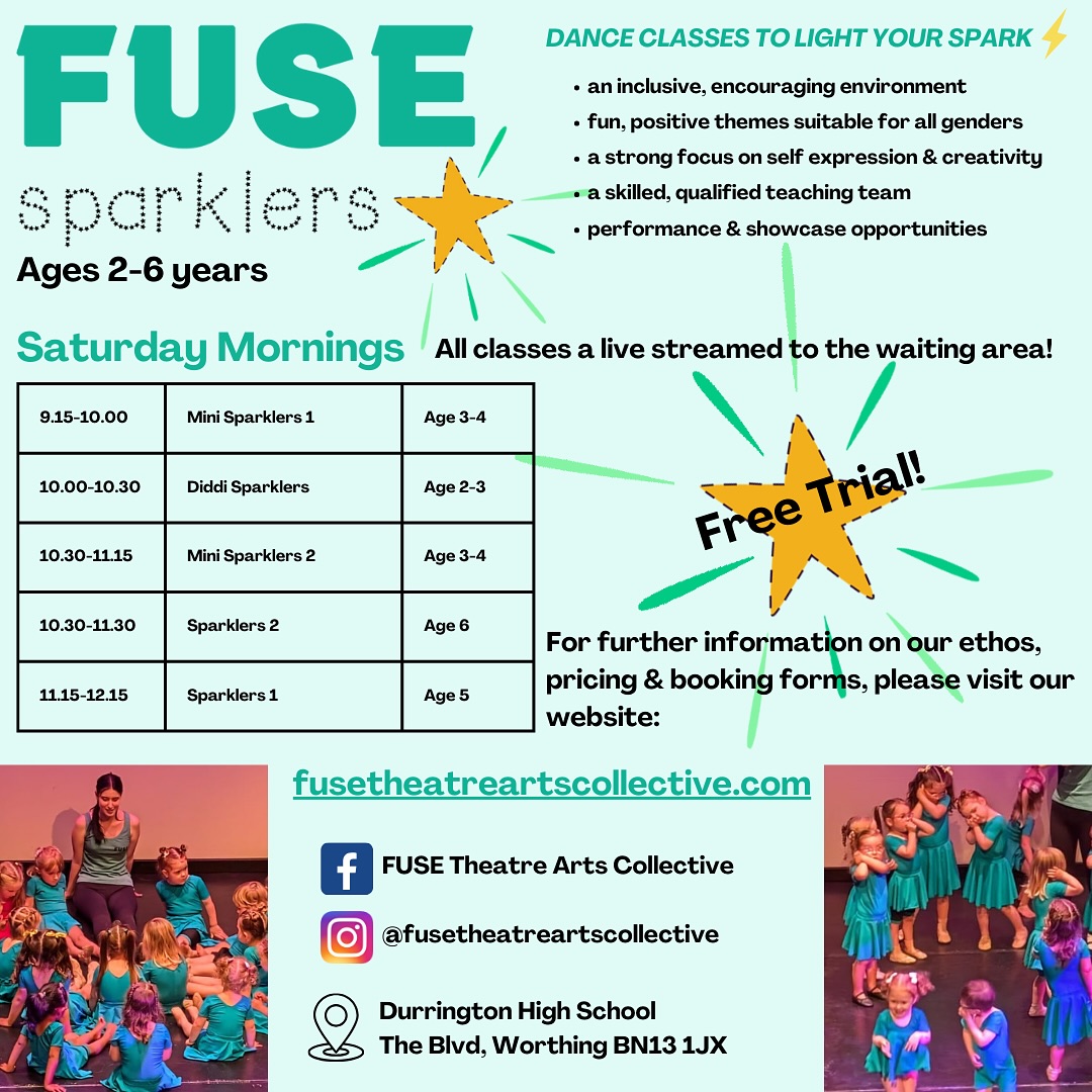 🌟FUSE Sparklers: 2-6 years🌟SATURDAY 7TH SEPTEMBER 2024🌟
🚨FREE TRIAL LESSON🚨 Book now via our website or email us for more details 💚
💻www.fusetheatreartscollective.com
📧sparklers@fusetheatreartscollective.com
DANCE CLASSES TO LIGHT YOUR SPARK⚡️
#fusetheatreartscollective #fuse #theatre #arts #dance #performingarts #preschoolactivities #preschooldance #sparklers #danceclass #modern #tap #ballet #jazz #singing #musicaltheatre #workshops #festivals #competitions #exams #worthing #westsussex