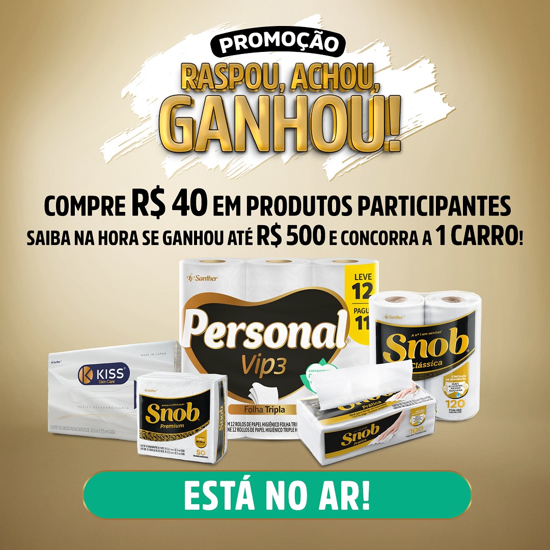 🚨 *Raspou, Achou, Ganhou!* 🚨
Nossa nova promoção está no ar! Na compra de qualquer produto Santher, das marcas Personal Vip & Baby, Absorventes SYM, Papel Toalha e Guardanapos Snob, e Lenço Kiss, você já está concorrendo à prêmios incríveis!😍
Faça o cadastro e confira o regulamento completo no link: www.promosanther.com.br
E corre lá na hora que realizar sua compra para cadastrar o seu cupom fiscal, e assim, já ficar sabendo se você ganhou! 🎁
Não perca essa chance, participe agora e saia ganhando! Promoção válida até 30/11/2024.
#RaspouGanhou #Promoção #OfertasImperdíveis #Santher #PersonalBaby #AbsorventeSYM #Snob