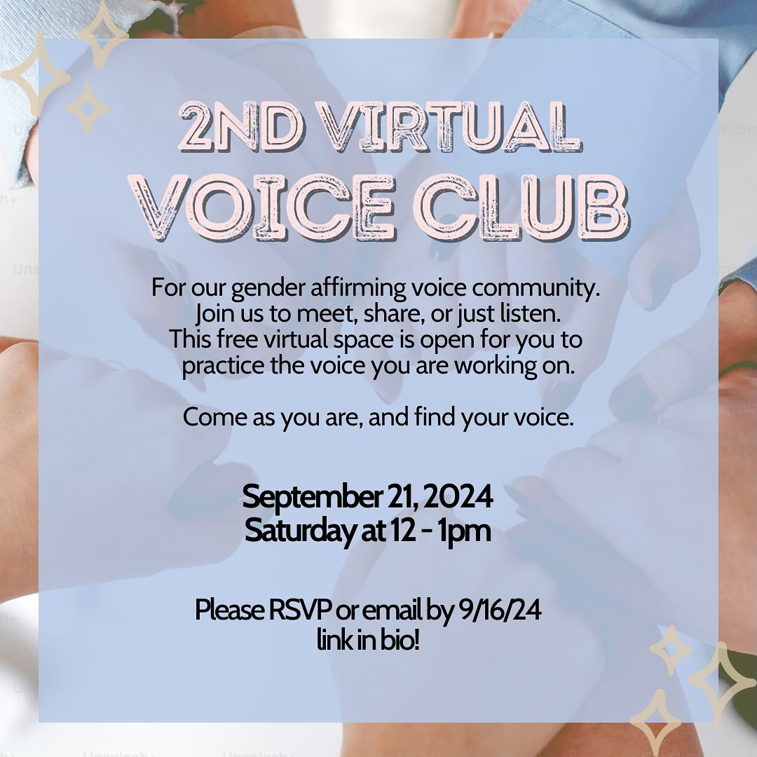 RSVP or message directly. Link in bio. We can’t wait to chat with you! #genderaffirmingvoice #gendernoncomformingvoice #slp #voicetraining #privatespeech #freesupport #TGGNvoicework