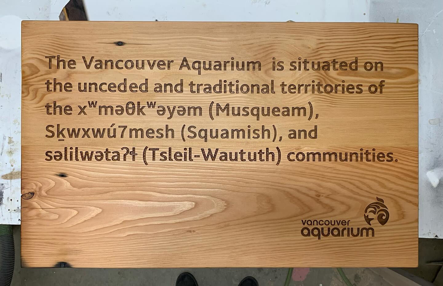 What a privilege to get to make this land acknowledgment plaque for @vanaqua last month. Made from reclaimed Douglas fir beams with text deep laser etched. Can’t wait to see it up. Thanks @dobocop for the opportunity!
