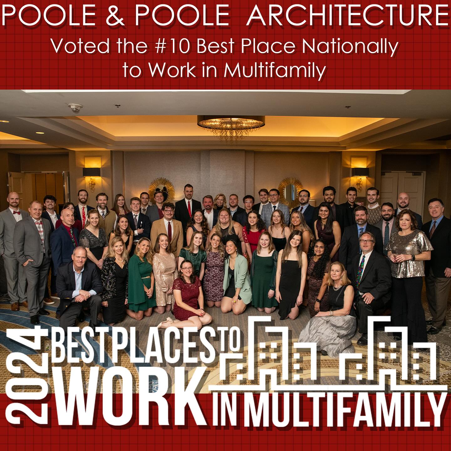 In an impressive showcase of workplace excellence, Poole & Poole Architecture has been recognized as a leader, securing the #10 spot in the Best Places to Work
Multifamily® rankings, presented by Multifamily Leadership. It is always a great honor to be recognized for our hard work and dedication to making 2PA a place that people want to come to work!