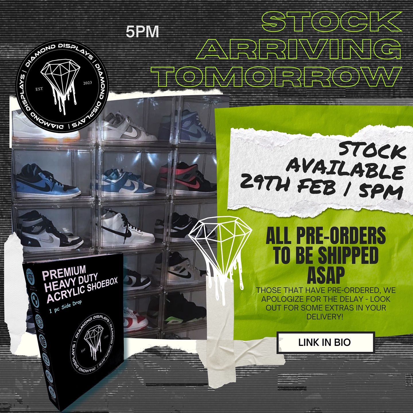 Our acrylic display cases are back from tomorrow 5PM! 🎉 We know the wait has been tough, and we’re really sorry about that – it was out of our hands. Your patience hasn’t gone unnoticed, so to show our appreciation, we’ve added a little something extra to your pre-order deliveries. Keep an eye out for it! 👀
#BackInStock #ThankYouForWaiting #SpecialSurprises#hypebeastkicks #thesolesupplier #offspringhqcommunity #snkrskickcheck #sneakerhead #footlockereu #sneakerreel #trendingreels #reeltrending #reeltime #reelsinstagram #reelitfeelit #smallbusiness #reelgood #reelsinsta #explore #reelsdaily #reelsinsta #instareels #reelsviral #reelstrending #reelstrend #reeltrends #sneakerevent #shoestorage #insock #displayboxes #jordan1