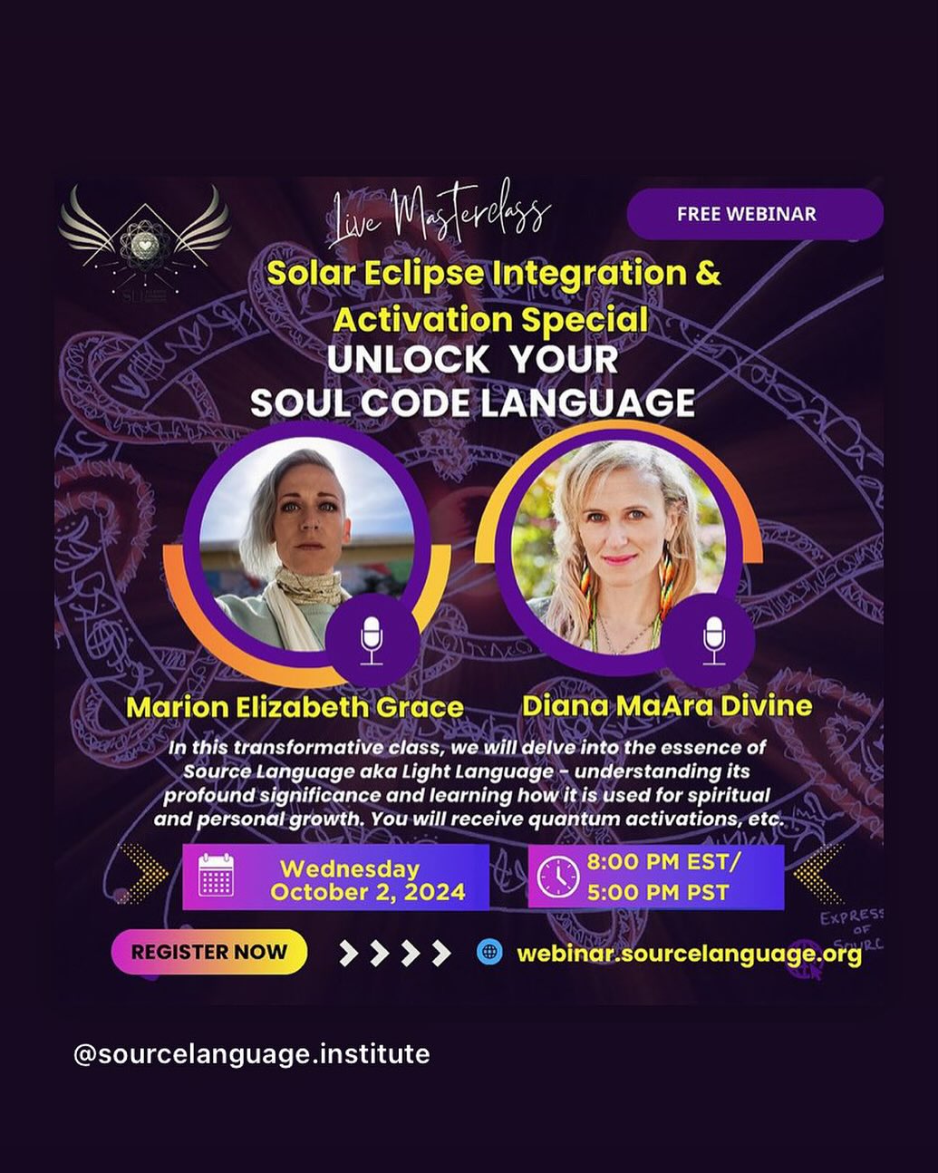 My invitation to you should this strike your curiosity.
The following write up by @loverippleacademy my co-collaborator on this amazing course we did!! The Solar Eclipse and New Moon in Libra is on Wed, October 2nd carries the energy of an energetic reset. This powerful eclipse brings destined endings and clears the path for new beginnings, activating your soul gifts and aligning you with true, authentic connections.
Just as the moon momentarily covers the sunās light, we too experience periods of shadow, inviting us to embrace transformation and renewal as essential steps in our spiritual evolution.
Eclipses are cosmic gateways and this one will help us clear deep energetic patterns and cycles that are ready to be released. Youāll experience DNA activations, chakra recalibrations, and connect to your soulās true path.
We are excited to have you join our Solar Eclipse Activation & Integration Masterclass to unlock your Soul Code Language!
During this session, Diana @loverippleacademy and Marion @marion_elizabeth_grace will share and help to integrate the eclipse season energies, activating your inner light and elevate your energy field. Together, weāll align with Source, release the past, and step into our highest purpose-fully activated and ready for the next phase.
2) All you gotta do is show up, weāll take care of the rest!
Replays are available but highly recommend to be there in person.
Wednesday, October 2, 2024
5:00 PM PST/ 8:00 PM EST
Register for Free: https://webinar.sourcelanguage.org