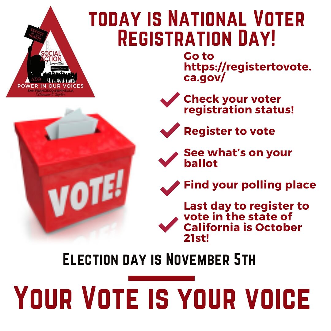 Today is National Voter Registration Day! Do you have a plan to vote? Have you checked your registration? Go to: https://registertovote.ca.gov/?t=s. Last day to register in the state of California is October 21st.