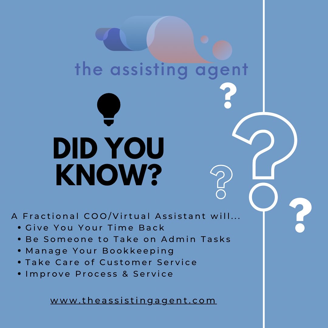Not sure what a Fractional COO/Ops Manager/Admin Assistant/Virtual Assistant can do for your life, your business? & this is just scratching the surface.
We have 3 spots open for the holiday season that’s quickly creeping up on us.
•
•
•
•
•
#virtualassistantservices #fractionalcoo #operations #opsmanager #adminassistant #professionalservices #theassistingagent