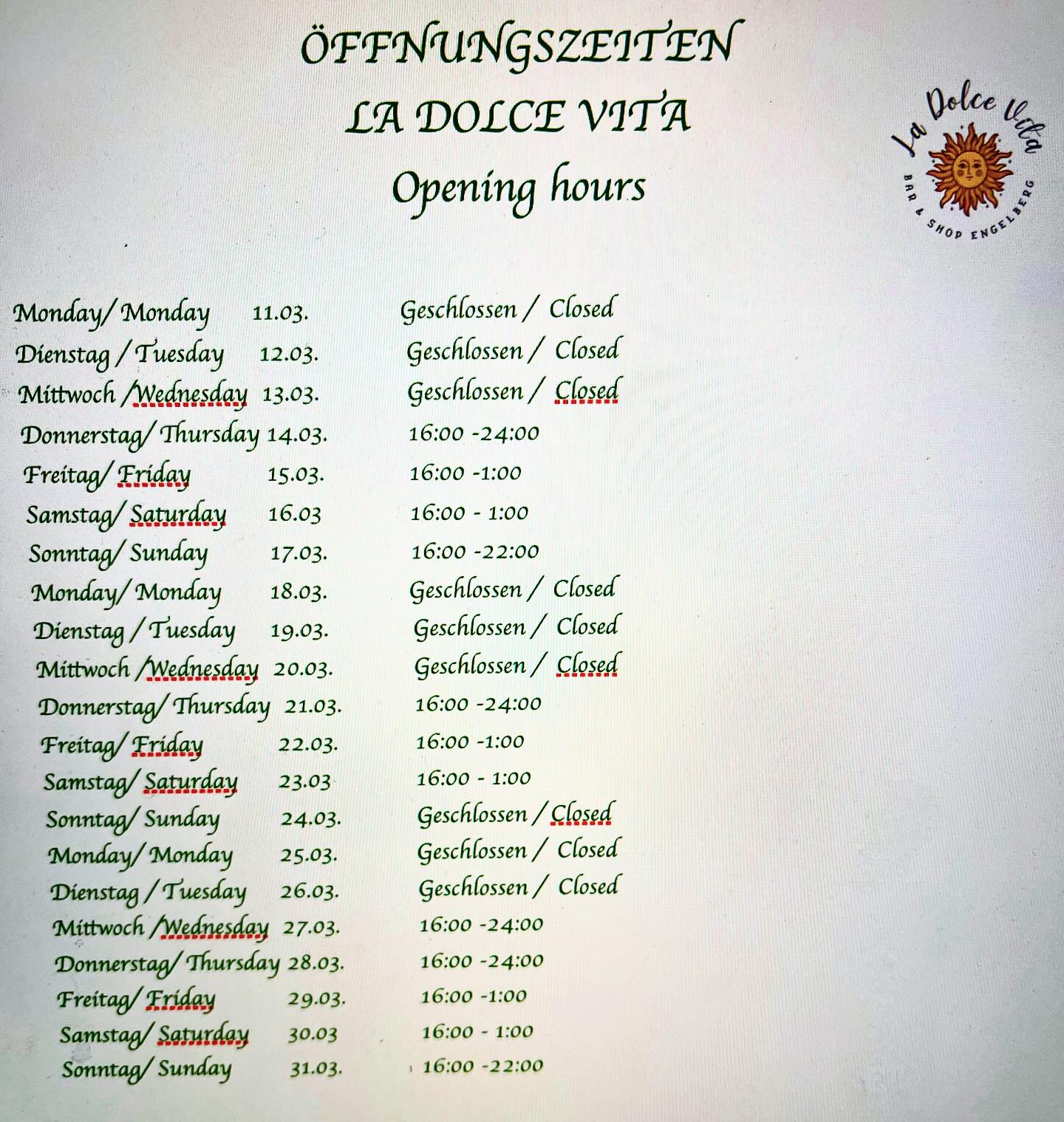 Öffnungszeiten März 2024 🌸
