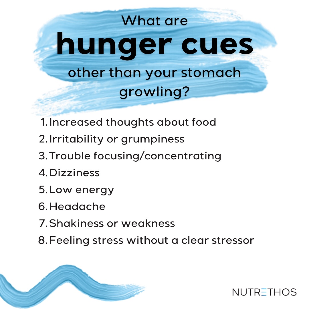 Most of us have become out of touch with our hunger and satiety cues. It can be difficult when trying to re-attune with our bodies to understand the ways our bodies communicate hunger, so it’s important to remind ourselves of the ways in which hunger shows up.
Do any of these seem familiar to you? Perhaps they’ve been happening without you even realizing.
#nutrethos #dietitian #nutrition