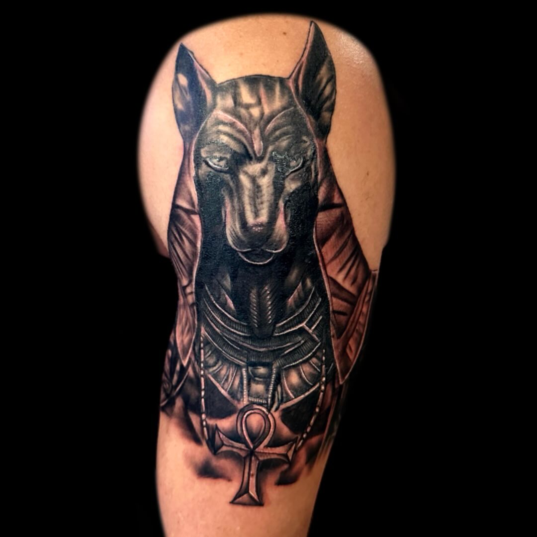Anubis half sleeve in progress by @xavier.tattoos