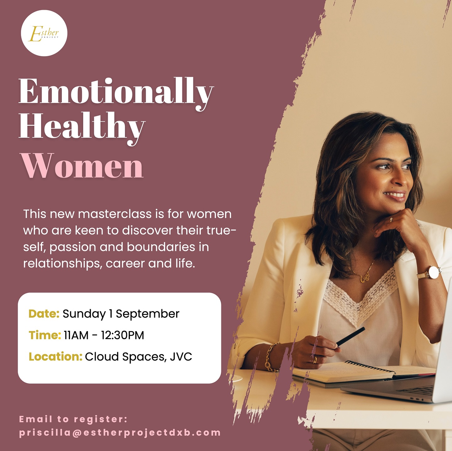 📣📣📣SAVE THE DATE 1st September.
Back by popular demand, these online masterclasses will now take place in person back to back @cloudspacesae on Sunday 1st September.
Places are limited and rates apply. Registrations are NOW open and be the first to catch the early bird rate before the 18th August.
Email: priscilla@estherprojectdxb.com
See you there!xx