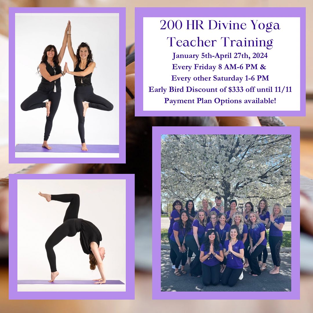 I am elated to be co-lead facilitating our second year of Divine Yoga Teacher Training!! Our first year was beyond anything we could have ever imagined and we are excited to return again this year with even more support, more education & more tools to support you in your yoga journey!
We believe that yoga has the capacity to deepen our connection with ourselves which thus has an impact in how we are able to show up for the earth and our communities. Change and healing in our collective starts with each individual going inside & taking the brave & courageous act of sharing their unique gifts with the world.
This training will be unique in that we will provide an in-depth education that honors the lineage of Yoga while learning practical tools in how to apply them in our modern day world. These teachings will be unified with other wisdom traditions and disciplines such as Traditional Chinese Medicine, Reiki/ energy work, Sound Therapy, Shamanism, Neuroscience, Somatics & more to offer a comprehensive foundation for each teacher to thrive.
If you have been considering growing yourself professionally & as an individual, this is the gentle nudge to consider making the powerful practice of yoga be the path that takes you there.
Join us for a 4 month journey into the transformative power of yoga. We would SO love to co-create this sacred space of healing, transformation and growth alongside each of you!
200 HR Divine Yoga Teacher Training
January 5th-April 27th, 2024
Every Friday 8 AM-6 PM & Every other Saturday 1-6 PM
🐦Early bird discount of $333 off ends 11/11.🐦
Payment Plan Options available!
Please reach out if you have any questions at all!
Link in Bio ✨