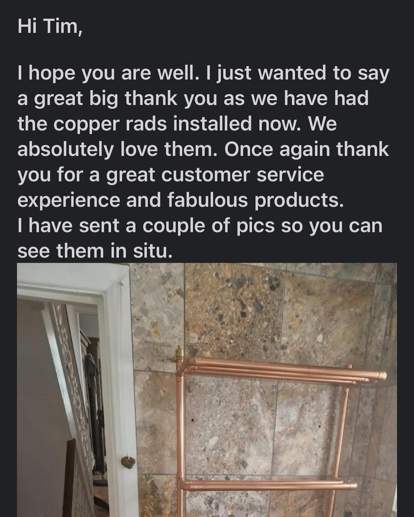 Had a great review this morning from a lovely customer..it’s really nice to get such good feedback. Thank you @vegangreatgrandma and hope the radiators keep those towels warm! #copper #copperbathroom #towelradiator #bespokebathrooms #radiators #handmadedecor #copperradiator