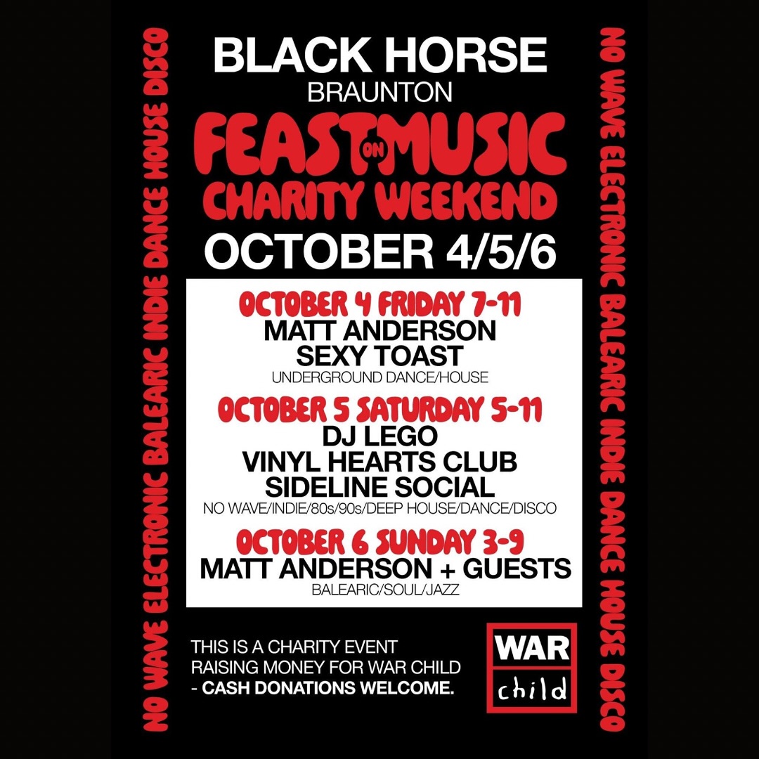 Top weekend of music next weekend (4-6 Oct) at the Black Horse in Braunton in aid of @warchilduk.
Myself and the legend @mattandersonvinyldj will be kicking it off on Friday night from 7pm.
DJ Lego, @vinylheartsclub & @thesidelinesocial on Saturday
Then a Sunday afternoon sesh with @mattandersonvinyldj and friends
Pop in and support if you can ✌️🫶❤️🪩☮️